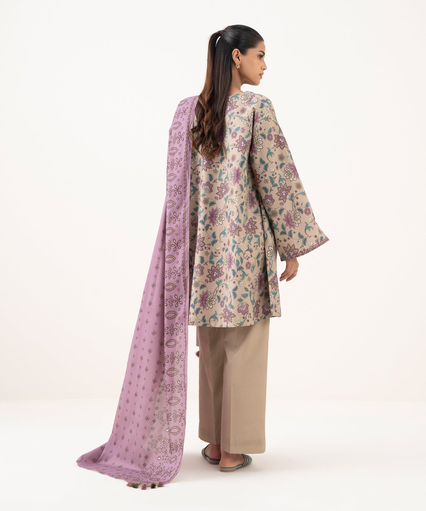 Women's Unstitched Cotton Printed Beige Three Piece Suit
