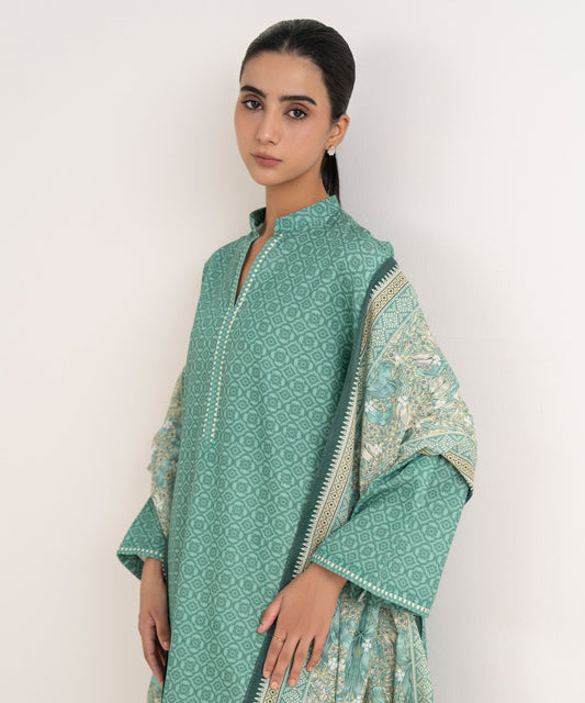Women's Unstitched Lawn Printed Green Two Piece Suit