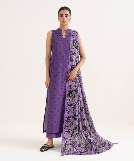 3 Piece - Printed Lawn Suit Purple & Black | Core Stitch