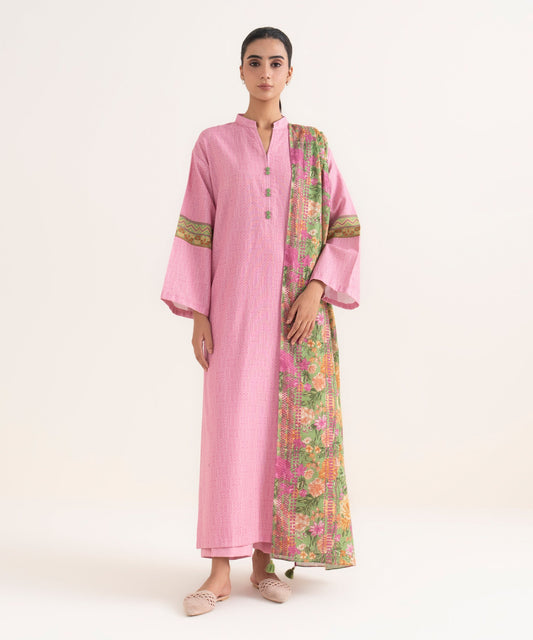 Women's Unstitched Lawn Printed Pink Three Piece Suit