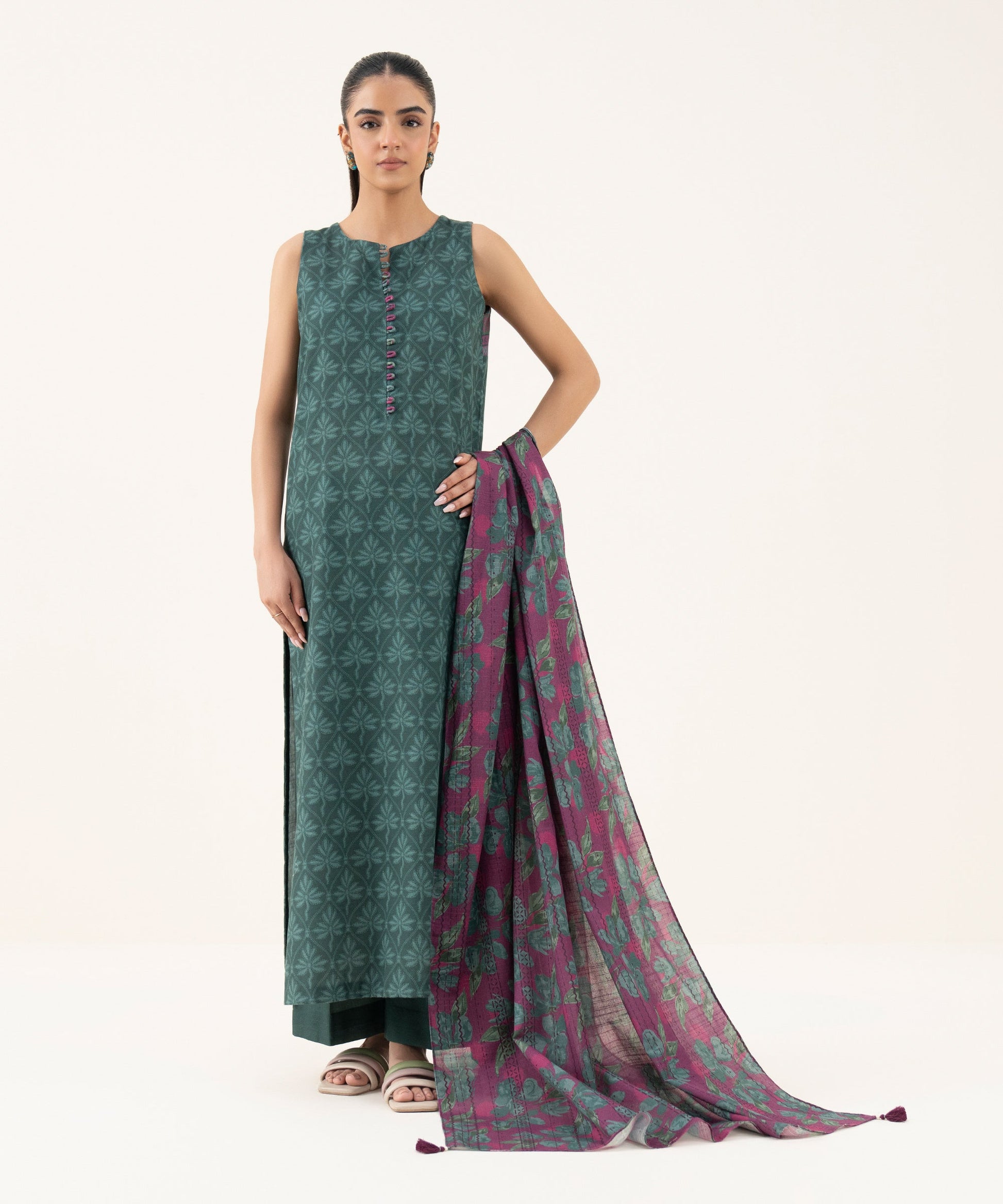 Women's Unstitched Lawn Printed Green Three Piece Suit