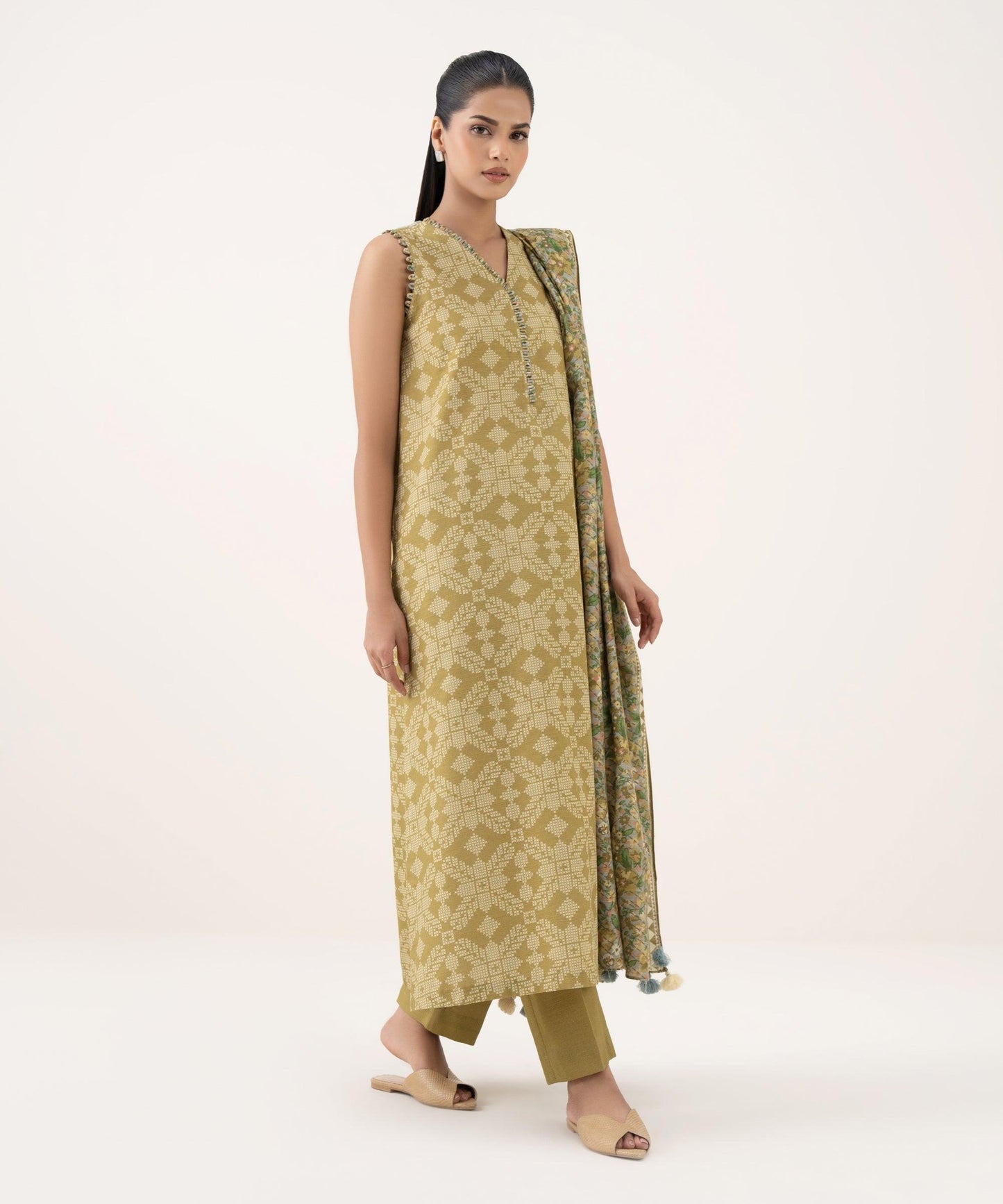 Women's Unstitched Light Khaddar Printed Mustard Three Piece Suit