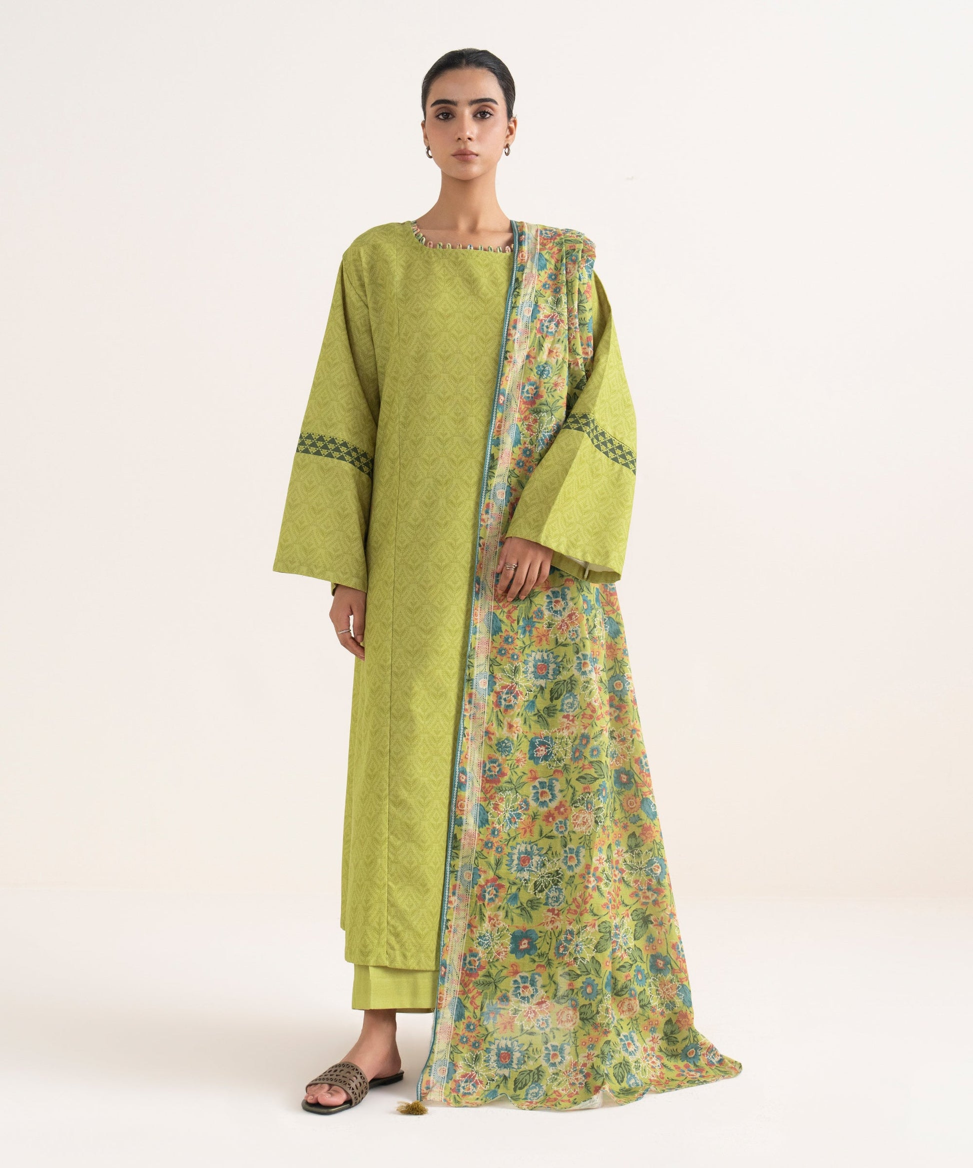 Women's Unstitched Light Khaddar Printed Green Three Piece Suit