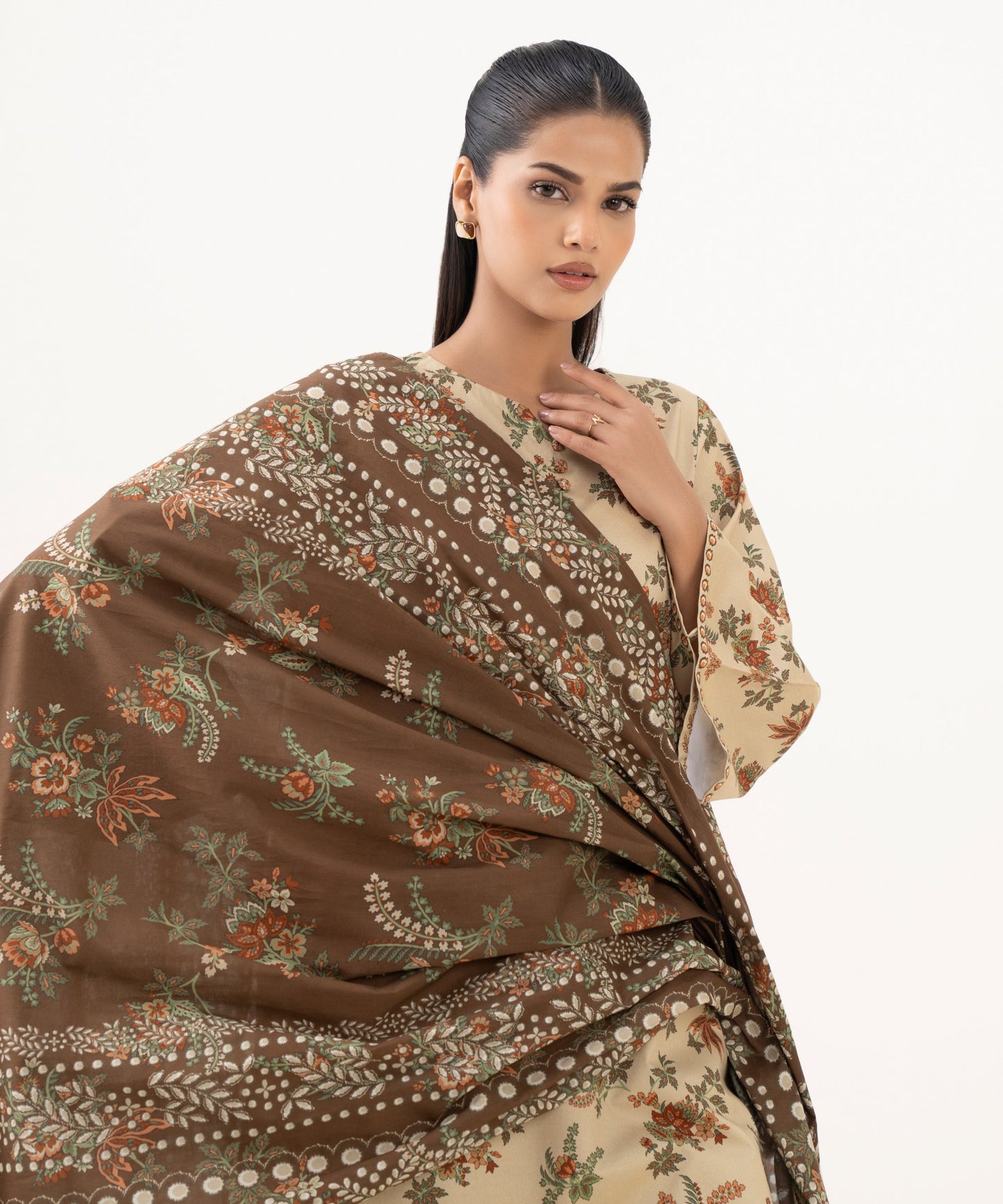 Women's Unstitched Cotton Printed Beige  Three Piece Suit