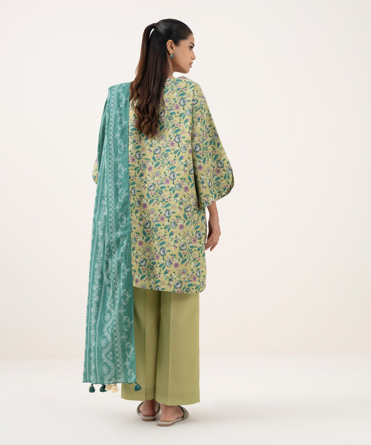 Women's Unstitched Cotton Printed Green Three Piece Suit