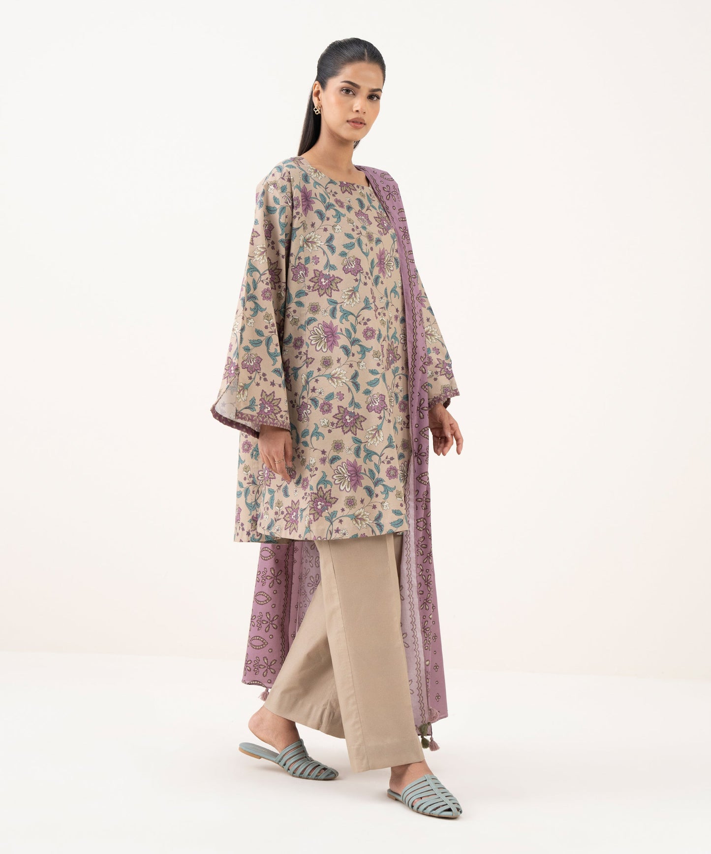 Women's Unstitched Cotton Printed Beige  Three Piece Suit