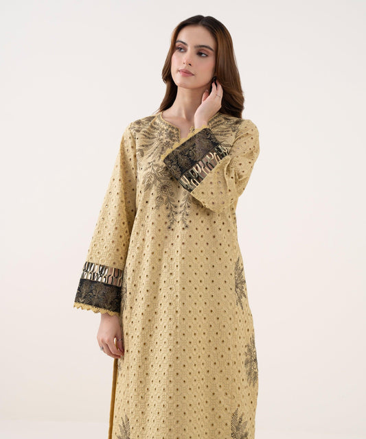 Women's RTW Textured Cotton Embroidered A-Line Off White Shirt