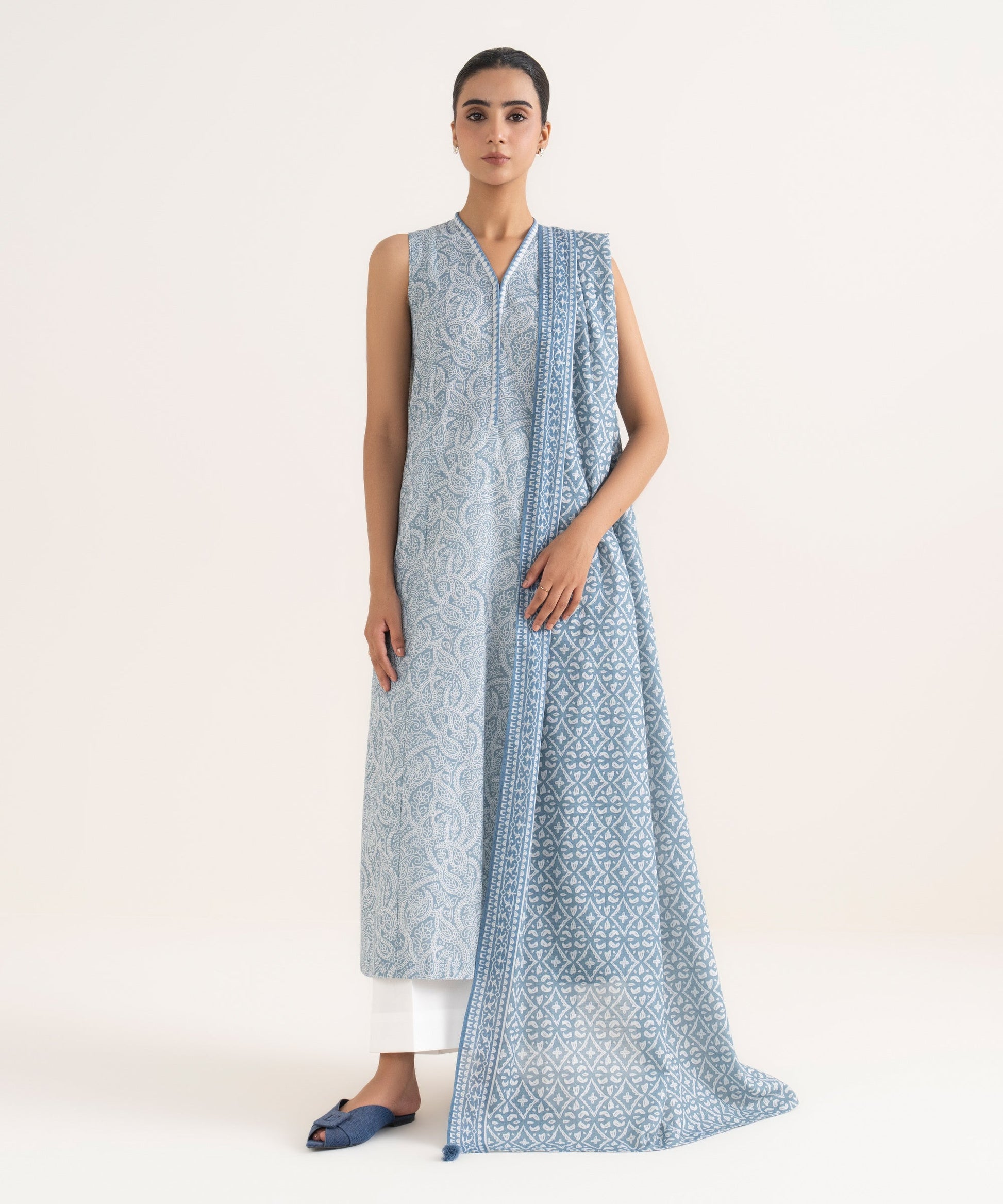 Women's Unstitched Lawn Printed Blue Two Piece Suit