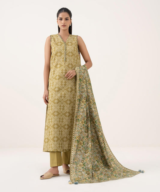 Women's Unstitched Light Khaddar Printed Mustard Three Piece Suit